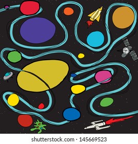 Doodle outer space scene with ships and planets