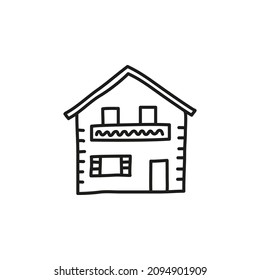 Doodle outline alpine house chalet isolated on white background.