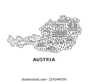 Doodle outline Austria tourist map with national landmarks and attractions isolated on white background. Welcome poster.