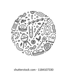 Doodle outline barbecue, picnic icons composed in circle shape on white background.