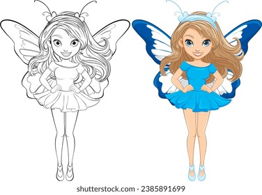 A doodle outline of a beautiful woman with long hair, wearing a mini dress and butterfly wings, in a fairy cartoon character style, perfect for coloring pages