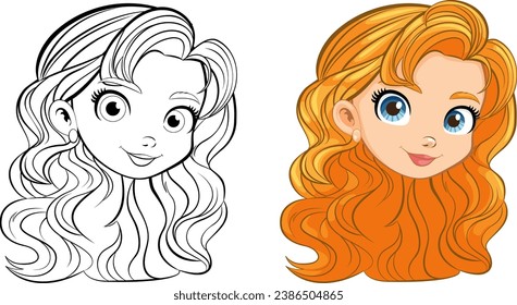 A doodle outline of a beautiful woman's face with long hair, perfect for coloring pages