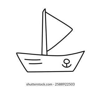 Doodle Outline Boat with sail. Children Contour drawing. Vessel, boat, watercraft. Sea and river transport with anchor for kids. Isolated on white background. Linear black Image. Vector illustration