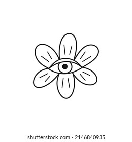 Doodle outline boho magic flower with evil eye isolated on white background.