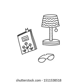 Doodle outline book or diary, table lamp and eyeglasses isolated on white background.