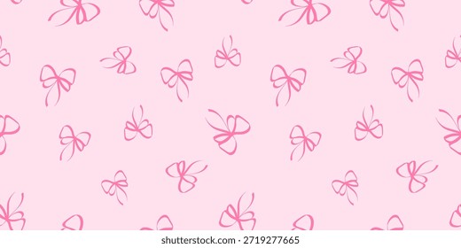 Doodle outline bows seamless pattern. Cute coquette ribbon bow pink background. Girly retro outline bowknot ornament 