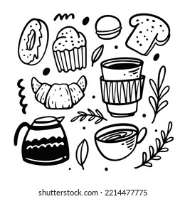 Doodle outline breakfast set. Hand drawn black color vector illustration. Isolated on white background.