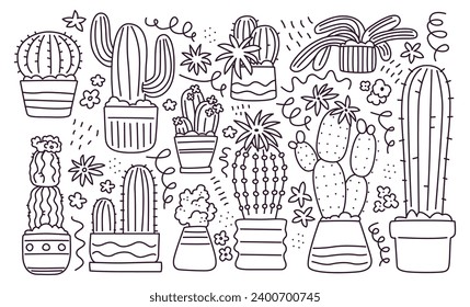 Doodle Outline Cactus Vector Illustrations.