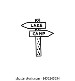 Doodle outline camping signpost or pointer icon isolated on white background.