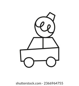 Doodle outline car toy with Christmas ball isolated on white background. Cute New year symbol.