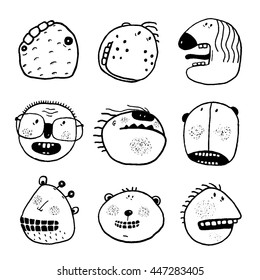 Doodle Outline Cartoon Emotional Faces with Teeth Funny Set. Monster cartoon characters and emotions. Vector monochrome outline illustration. Funny illustration for modern black and white design.