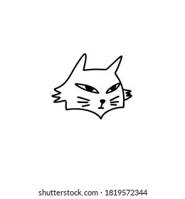 Doodle outline cat head with slanted eyes. A mysterious cat look. Vector stock illustration isolated on white background.