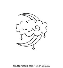 Doodle outline celestial crescent moon and cloud isolated on white background.