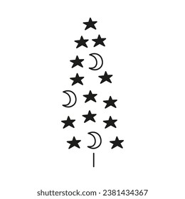 Doodle outline celestial fir tree with moon and stars isolated on white background.