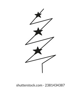 Doodle outline celestial fir tree with stars isolated on white background.
