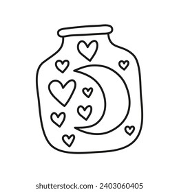 Doodle outline celestial glass bottle with moon and hearts isolated on white background.