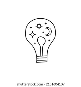 Doodle outline celestial lightbulb with crescent moon and stars isolated on white background.