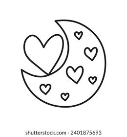 Doodle outline celestial moon with hearts isolated on white background.