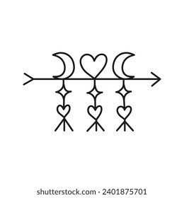 Doodle outline celestial Valentine arrow with moon and hearts isolated on white background.