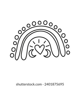 Doodle outline celestial Valentine rainbow with moon and heart isolated on white background.