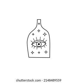 Doodle outline celestial vase with seeing eye and stars isolated on white background.