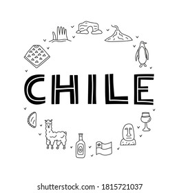 Doodle outline Chile icons including Easter island statue, Villarrica volcano, empanadas, penguin, poncho, alpaca, avocado oil, wine, flag composed in circle shape.