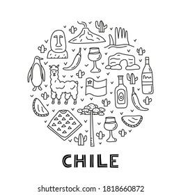 Doodle outline Chile icons including Easter island statue, Villarrica volcano, araucaria tree, empanadas, penguin, poncho, alpaca, avocado oil composed in circle shape.