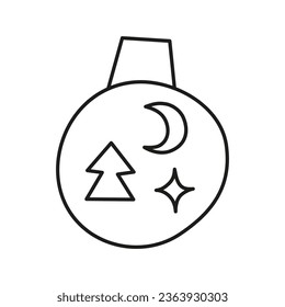 Doodle outline Christmas ball with fir tree, moon and star isolated on white background.