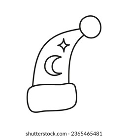 Doodle outline Christmas cap with moon and star isolated on white background.