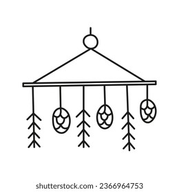 Doodle outline Christmas decoration with pine cones and twigs isolated on white background. Cute New year symbol.