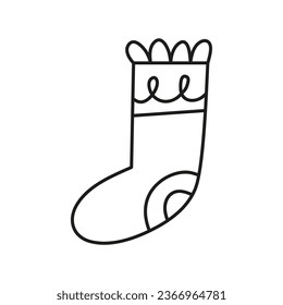 Doodle outline Christmas sock isolated on white background. Cute New year symbol.