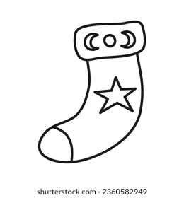 Doodle outline Christmas sock with moon and star isolated on white background.