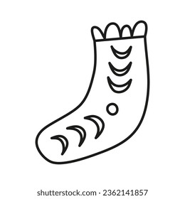 Doodle outline Christmas sock with moon phases isolated on white background.