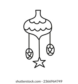 Doodle outline Christmas toy with pine cones and star isolated on white background. Cute New year symbol.