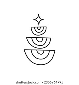 Doodle outline Christmas tree composed of rainbows and star isolated on white background. Cute New year symbol.