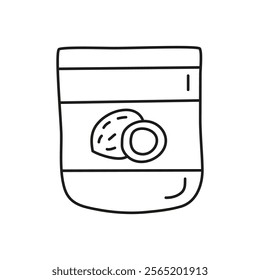 Doodle outline coconut oil in plastic jar isolated on white background. Vegetable fats. Healthy nutrition concept.