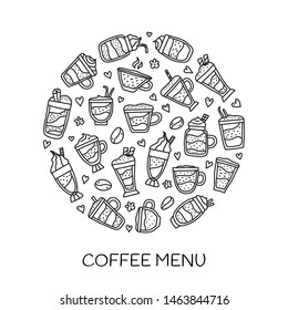 Doodle outline coffee drinks composed in circle shape.