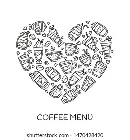 Doodle outline coffee drinks composed in heart shape.