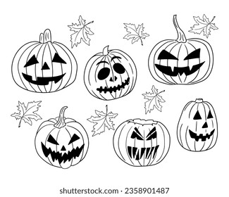 Doodle outline collection of creepy Halloween pumpkins. Sketch hand drawn design for Halloween for coloring pages, stickers, tatoo. Black sketch squashes and leaves on white backgroundl