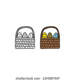 Doodle outline and colored basket with Easter eggs isolated on white background.