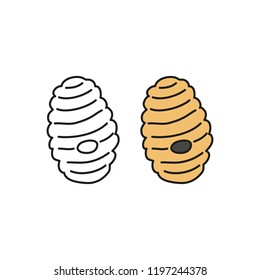 Doodle outline and colored beehive isolated on white background.