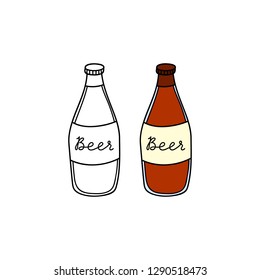 Doodle outline and colored beer in glass bottle isolated on white background.