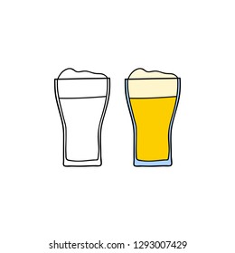 Doodle outline and colored beer in glass isolated on white background.