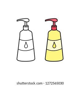 Doodle outline and colored body oil or lotion isolated on white background.