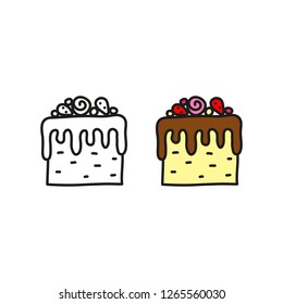 Doodle outline and colored cake with chocolate and decor isolated on white background.
