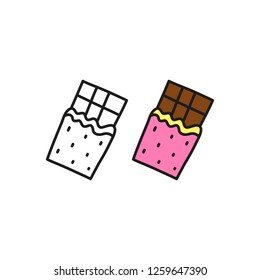 Doodle outline and colored chocolate bar isolated on white background.