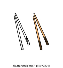 Doodle outline and colored chopsticks isolated on white background.