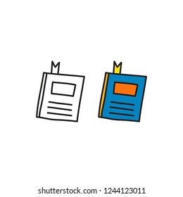 Doodle outline and colored closed book with bookmark isolated on white background.