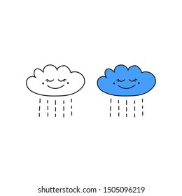 Doodle outline and colored cloud happy character icon isolated on white background.