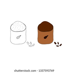 Doodle outline and colored cocoa instant drink in box isolated on white background.